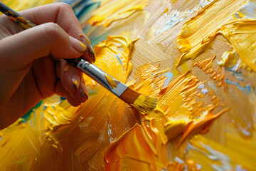An artist's hand with a brush paints a yellow abstract picture with oil paints.