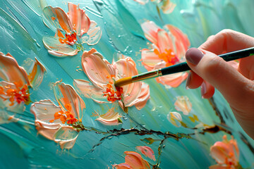 An artist's hand with a brush paints a coral cherry blossom on a blue background with oil paints.