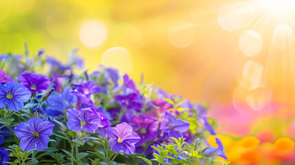 Blue petunia flowers bloom in a flowerbed in the botanical garden in golden sunset light. - obrazy, fototapety, plakaty