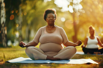 An elderly overweight African American woman practices yoga with a group in a summer park.