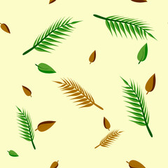 seamless pattern with green brown leaves on yellow white background for cloth pattern , floor tiles,wallpaper ,curtain,tiles pattern, home decorating design	
