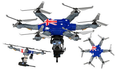 Fleet of Drones Adorned with Australia Flag Colors Displayed on Black