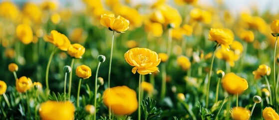 beautiful blooming yellow ranunculus flowers in the green field, nature spring background - obrazy, fototapety, plakaty