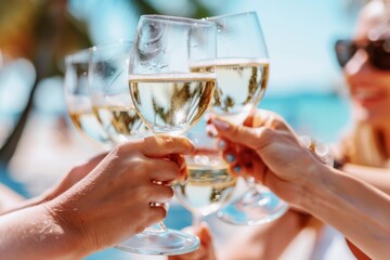 people toasting with white wine at an outdoor party, friends enjoying an outdoor gathering and drinking on the beach during a sunny day - obrazy, fototapety, plakaty