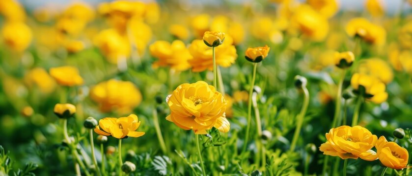 nature spring background, blooming yellow ranunculus flowers green field