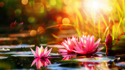 Pink lotus flower in a pond in sunset lighting. - obrazy, fototapety, plakaty