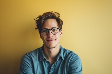 Portrait of a handsome young man in glasses on a yellow background - obrazy, fototapety, plakaty
