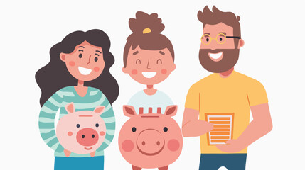 Family budget. Little girl and her parents with piggy