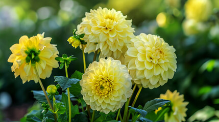 Flowerbed with beautiful yellow dahlia flowers in the botanical garden. Landscape design concept.