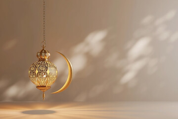 Golden lantern with crescent moon for ramadan kareem background banner design with copy space