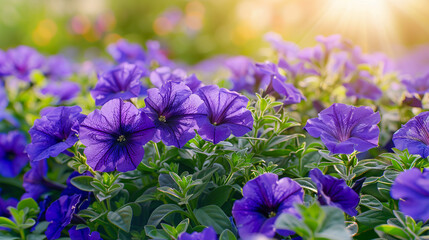 Blooming blue petunias in a flowerbed in sunset lighting. Floral banner. - obrazy, fototapety, plakaty