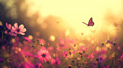 Magenta butterfly flies over a field with pink cosmos flower field in golden hour.
