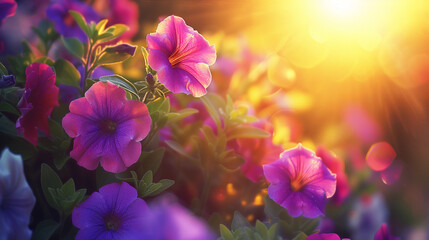 Flowerbed with blooming red white petunias in golden rays of the sun. Floral banner.