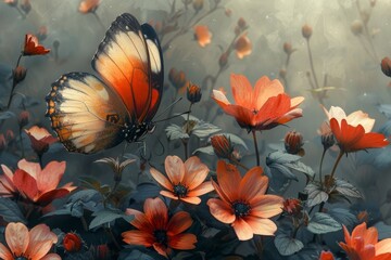 Butterfly Flying Over Flowers