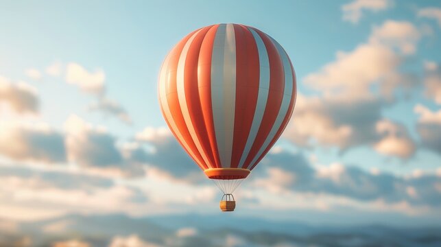 A hot air balloon is floating in the sky with a basket on top. The balloon is red and white with a yellow basket. The sky is cloudy and the sun is shining through the clouds