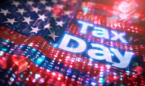 Tax day in United States of America. Abstract digital futuristic background with stars in colors of USA flag.