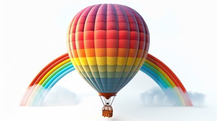 A hot air balloon with a rainbow on it is floating above a rainbow