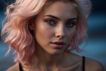 Fototapeta premium A woman with pink hair and blue eyes is smiling