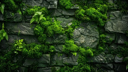 Lush Moss Covered Stone Background Evoking Natural Tranquility and Growth - obrazy, fototapety, plakaty