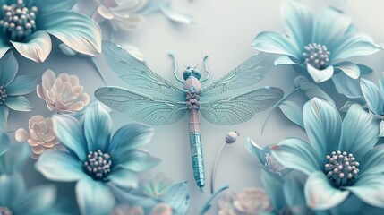 A blue dragonfly is perched on a flower. The dragonfly is surrounded by a variety of flowers, including pink and white ones. The image has a serene and peaceful mood, as the dragonfly