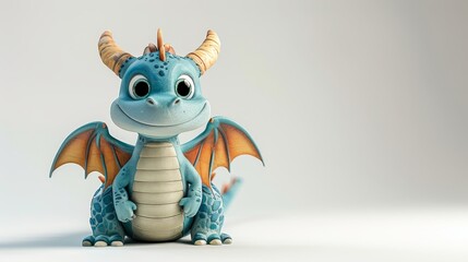 A blue dragon with orange wings is sitting on a white background. The dragon has a big smile on its face, giving the impression that it is happy and content