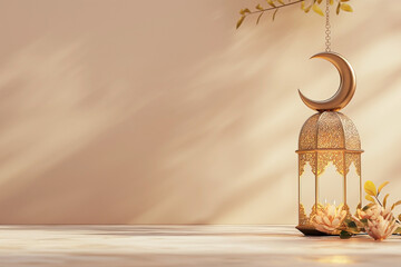 Golden lantern with crescent moon for ramadan kareem background banner design with copy space