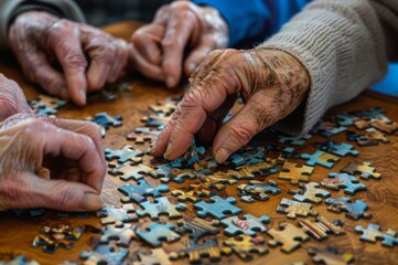 The hands of elderly people solve a puzzle in a nursing home. Prevention of Alzheimer's disease and dementia.