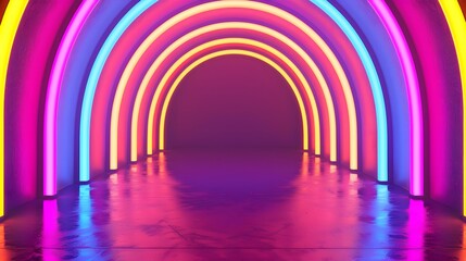 Vibrant Retro Neon Tunnel with Colorful Arched Background Perfect for Creative Photography and Nightlife Themes