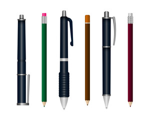 Set of realistic writing pen isolated on a white background. Template of realistic multi colored plastic pens in different angles. 3D colored school stationery.