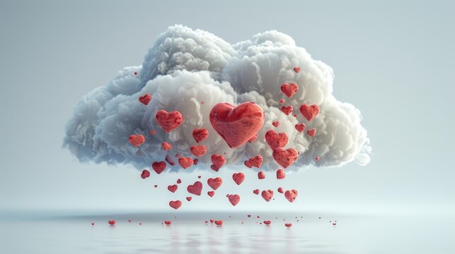 A cloud of hearts falling from the sky. The clouds are white and the hearts are red. Concept of love and affection