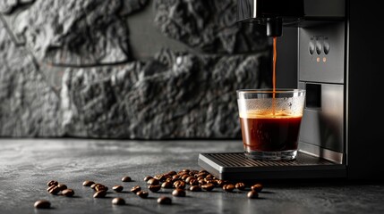 On a stone background, there is a coffee machine with coffee beans in glass - obrazy, fototapety, plakaty
