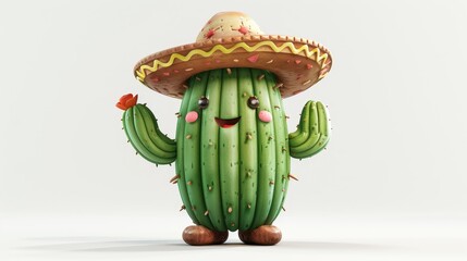 A cartoon cactus wearing a sombrero and holding a flower. The cactus is smiling and he is happy