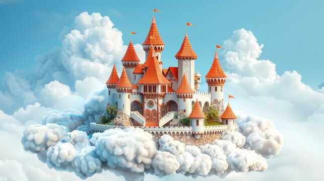 A castle is floating in the sky with clouds surrounding it. The castle is made of white and red bricks and has a red roof. The clouds are fluffy and white, giving the scene a dreamy and whimsical feel
