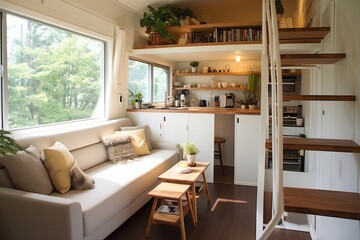 Modern Minimalism: Stylish Tiny House Living Room Design - obrazy, fototapety, plakaty