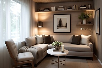 Modern Tiny House Living Room: Sleek Furniture and Neutral Palette Decor