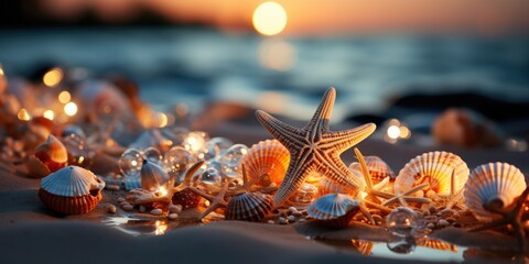 starfish and shells on the seashore. - obrazy, fototapety, plakaty