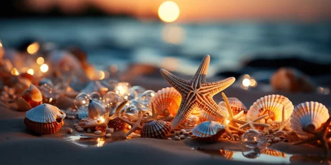 Gartenposter starfish and shells on the seashore. © Алина Бузунова