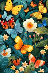 Vibrant Painting of Butterflies and Flowers on Green Background