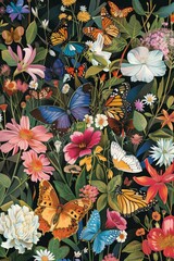 Vibrant Painting of Butterflies and Flowers on Black Background