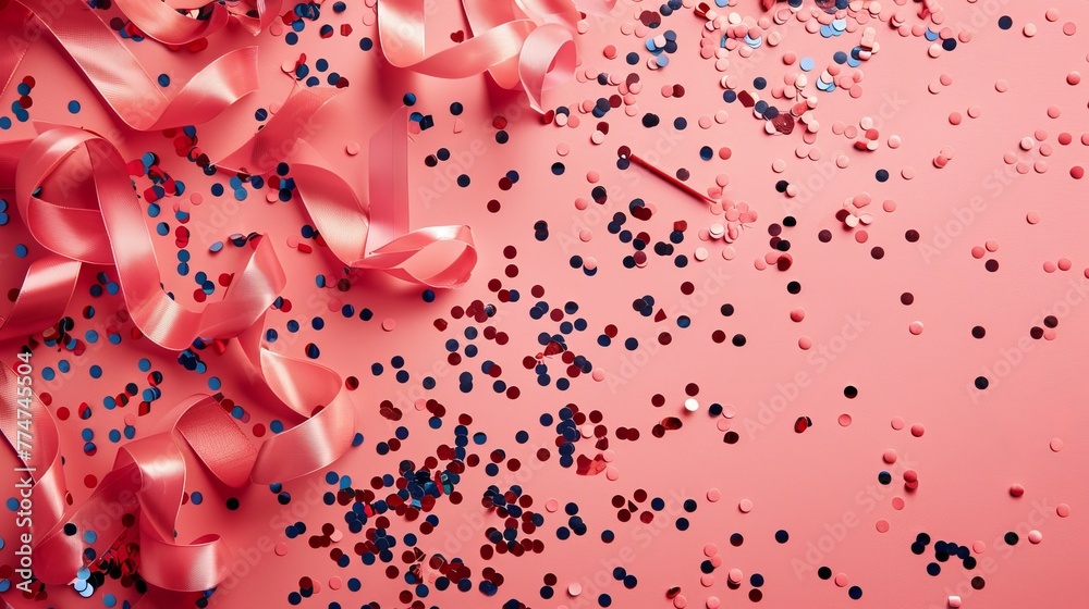 Poster ribbons and confetti on a colored background in a festive background.