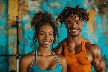 Two fit young people smiling while working out together in a gym. Fitness concept.