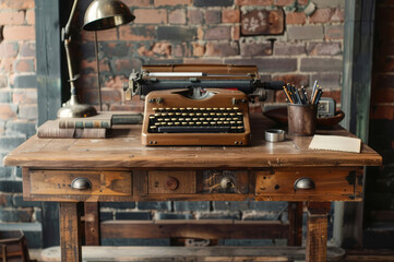Rustic wooden desk setup with vintage accessories