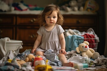 A little girl is sitting on a bed with a basket of clothes and toys around her - Powered by Adobe
