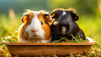 Closeup of two guinea pig puppies looking at camera, one black, the other ginger and white, sitting in a brown rectangular tray full of cut grass and blurred green background. Generative Ai.