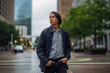 A man wearing a blue jacket and gray shirt is walking down a city street