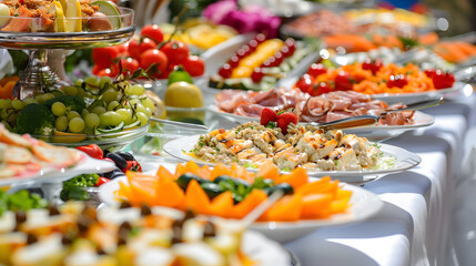 catering buffet for events with meat, vegetables and fruits in restaurant