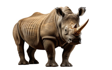 A magnificent rhinoceros is standing elegantly in front of a plain white background