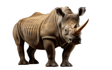 A magnificent rhinoceros is standing elegantly in front of a plain white background
