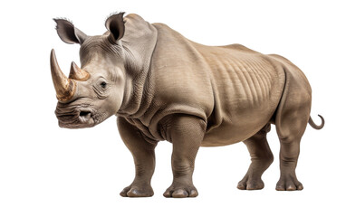 A majestic rhinoceros strikes a pose in front of a clean white background