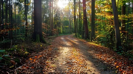 Enchanting Sun dappled Forest Path Carpeted with Vibrant Autumn Leaves
